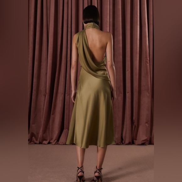 MISHA COLLECTION Robbia Satin High Neck Draped Midi Dress In Dusty Olive Size 4 - Picture 2 of 16